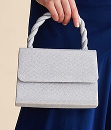 economico -borsa da donna glitter argento con manico intrecciato e tracolla a catena per eventi serali e feste