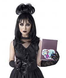 abordables -Lydia Deetz Cosplay Costume Party Perruque Mariée Chignons Moelleux Bouclés Femme Noir Moyen Long Droit Beetle Perruque avec Frange Accessoires de Costume d'Halloween (Noir/Lydia)