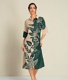 voordelige -Dames Losse jurk Resortkleding Halflange jurk Groen Halve mouw Bladeren Opdrukken Lente zomer Overhemdkraag Vakantie Casual XS S M