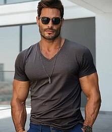preiswerte -Herren T Shirt Kurzarm V Ausschnitt Einfarbig Strickware Täglich Sport & Outdoor V-Ausschnitt Dunkelgrau Top T-Shirt für Herren