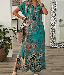 levne -Dámské maxi šaty sundress shift šaty šaty ve tvaru A casual spadlé rameno denní volné grafické krátký rukáv V-výstřih modro-zelené léto