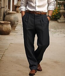 abordables -Hombre Pantalones de lino Pantalones Pantalones de verano Bolsillo delantero Plisado Pierna recta Plano Comodidad Transpirable Longitud total Casual Diario Festivos Moda Básico Negro Microelástico