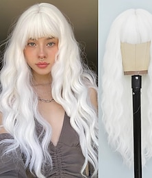 economico -Parrucca con frangia lunga parrucche ondulate naturali sintetiche per donne parrucche lunghe 26 pollici parrucche in fibra resistente al calore per uso cosplay e feste parrucche di Halloween