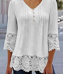 economico -Bluse Eleganti in Pizzo Bianco per Donna con Occhielli Blusa Casual Elegante a Maniche 3/4 Collo a V Top Regolari Romantici Petits da Indossare in Estate e Vacanza Bianco Rosa Blu Grigio Primavera