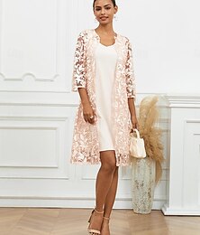 preiswerte -Damen Knielanges Kleid Kleid-Set Elegant Formell Hochzeitsgast Cocktailparty Normale Passform Einfarbig Einfach Kurzarm V Ausschnitt Beige Sommer Frühling Herbst