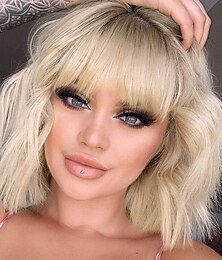 cheap -Short Ombre Blonde Wigs Wavy Bob Wig with Bangs Women Synthetic Curly Pastel Bob Wig for Girl Colorful Cosplay Wigs