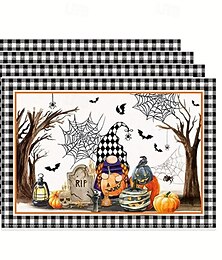 abordables -4 pièces/ensemble sets de table d'halloween, 12x18 pouces citrouille fantôme camion chauves-souris buffle plaid lavable en lin table à manger sets de table ferme cuisine saisonnière dîner fête décor