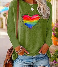 economico -Per donna maglietta Con cuori Di tendenza Informale Manica lunga Rotonda Top regolari Giornaliero Fine settimana Stampa Verde Primavera & Autunno Quattro stagioni