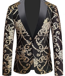 preiswerte -Schwarz Gold Männer Print Blazer Modisches Florales Jacquard Blazer Party Luxuriöses Blazer Jackett Reguläre Standard Passform Einreiher Ein-Knopf