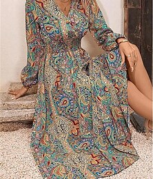 ieftine -Pentru femei Rochie Lunga Rochie Maxi Rochie casual Rochie leagăn Rochie A line Rochie Boho Casual Boho Vacanță Zilnic Dată Potrivire Largă Floral Manșon Lung În V Galben Roșu-aprins Trifoi Toamnă