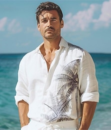 billige -Herre Skjorte Linskjorte Uformell skjorte Langermet Hawaiisk Fashion Casual Feriereise Daglig Hawaiisk Vår & Vinter Knaphul Trykt mønster Hvit