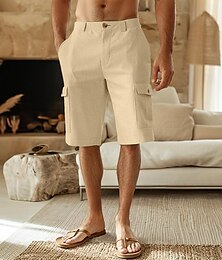 abordables -Hombre Pantalón corto Pantalones cortos de lino Pantalones cortos de verano Bolsillo delantero Pierna recta Plano Comodidad Transpirable Longitud de la rodilla Exterior Vacaciones Fiesta Moda Básico
