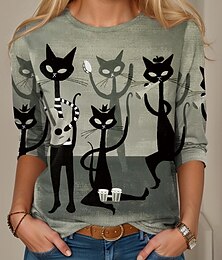 abordables -Mujer Camiseta Gato Casual Manga Larga Escote Redondo Tops regulares Diario Estampado Verde Trébol Primavera Otoño