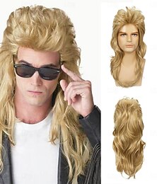 economico -Parrucca Mullet per Uomini Costume Anni 70 80 Parrucca Elegante Lunga Bionda Riccia Parrucca Punk Rocker Sintetica Costumi di Carnevale Parrucche per Uomini Parrucche di Halloween
