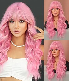 economico -parrucca rosa lunga ondulata 24 pollici fibra sintetica resistente al calore naturale riccia parrucche rosa chiaro con frangia parrucche per feste di carnevale cosplay
