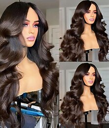 abordables -Perruque Cheveux Naturel Rémy 13x4 devant en dentelle Cheveux Brésiliens Ondulé Marron Partie médiane Femme Densité 130% 150% avec des cheveux de bébé Cheveux Colorés Sans colle Pré-plumé Longue A1