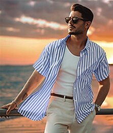 abordables -Homme Chemise Bleu Manche Courte Rayé Col Rabattu Col de chemise Travail Sport & Loisir Boutons Vêtement Tenue 100% Coton Vacances Quotidien Décontracté Quotidien