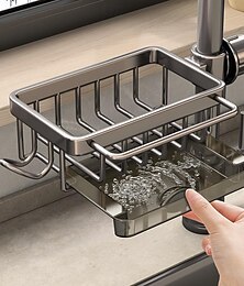 preiswerte -Wasserhahn-Organizer für die Küchenspüle, rostfreier Aluminiumhalter für Schwamm, Seife, Bürste, platzsparendes Design mit Abtropfschale, einfache Installation