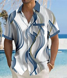 billiga -Herr Geometrisk Linjer / vågor Geometriska mönster Knapp upp skjorta Tryckta skjortor Kortärmad Hawaiisk Tillflykt Utomhus Affärer / Cermoni / Bröllop Sommar Nedvikt Mönster Button-Down Blå Purpur