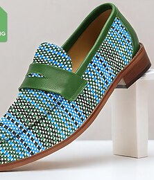 billige -grønne vevde loafers for menn – stilige slip-on sko med blått og hvitt mønster for fritids- og formell bruk
