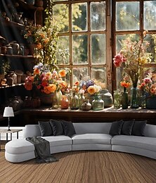 abordables -Fleurs sur fenêtre tenture murale tapisserie art mural grande tapisserie décor mural photographie toile de fond couverture rideau maison chambre salon décoration