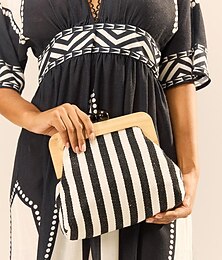 levne -dámská pruhovaná plátěná crossbody kabelka – retro dřevěný rám malá kabelka přes rameno s nastavitelným popruhem – černá a béžová, ideální na běžné výlety a cestování