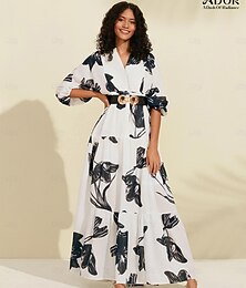 preiswerte -Damen Schwingkleid Druckkleid Maxikleid Schwarz-Weiß Blumen / Pflanzen Jeansstoff Mit Gürtel Sommer V Ausschnitt Urlaub Musterkleid S M L