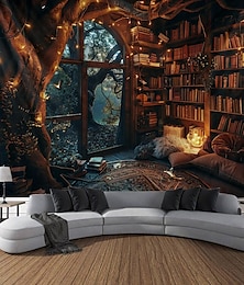 abordables -maison de rêve tapisserie suspendue art mural grande tapisserie décor mural photographie toile de fond couverture rideau maison chambre salon décoration fenêtre vue bibliothèque cottagecore