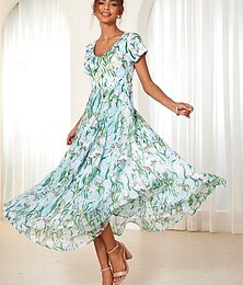 abordables -Femme Robe Maxi Robe Trapèze Elégant Manche à volant Vacances du quotidien Standard Floral Manche Courte Col Ras du Cou Vert Eté