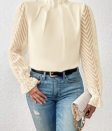 abordables -Camisa Blusa Tops elegantes Mujer Blanco Rosa Azul Marino Plano Malla Calle Diario Moda Cuello Alto Ajuste regular S