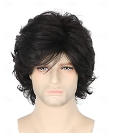 economico -Parrucca Uomo 70s Nera Corto Wave Puff Parrucca Cosplay Carnevale Costume Personaggio Parrucche di Halloween