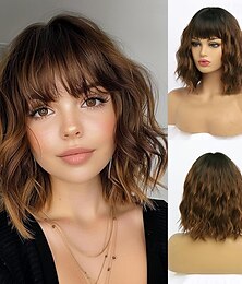 cheap -Brown with Light Brown Wigs Short Wavy Bob Wig with Bangs Medium Lenth Synthetic Hair for Daily Party(12 Inch)