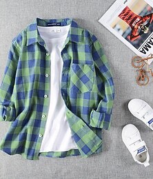 economico -Da ragazzo 3D A quadri Camicie Manica lunga Estate Primavera Di tendenza Essenziale Bambino 4-12 anni Colletto Esterno Informale Giornaliero Standard