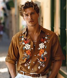 abordables -Hombre Camisa Camisa de lino Camisa casual Manga Larga Hawaiano Moda informal Vacaciones Diario Hawaiano Primavera & Otoño Diseño Estampado Caqui