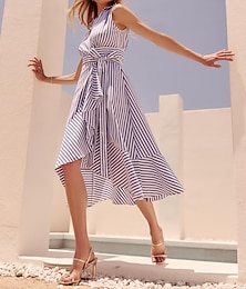 abordables -Femme Vêtements de villégiature Robe élégante Robe longue maxi Bleu Manche Courte marinière nouer devant Bandes Imprimé Printemps été Devant Croisé Elégant Vacances robe de vacances S M L