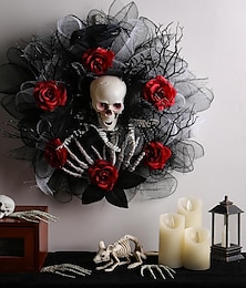 abordables -Coronas de Halloween para puerta de entrada, decoración interior y exterior, corona de malla de calavera rosa colgante para bar espeluznante y decoración de esqueleto de fiesta