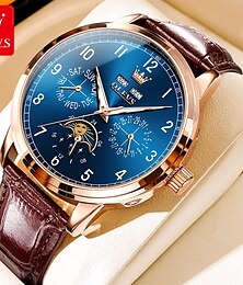 abordables -OLEVS Hombre Relojes Mecánico Moda Negocios Reloj de Muñeca Cuerda Automática Pantalla de fase lunar Luminoso Calendario perpetuo Piel Reloj