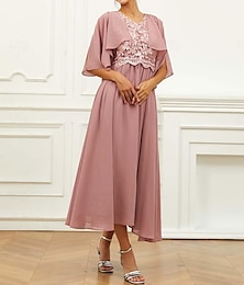 economico -Per donna Abito linea A Chiffon Pizzo Con balze A V Manica corta Vestito longuette Invitati del matrimonio Cocktail party Elegante Da cerimonia Rosa Estate