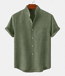 economico -Per uomo camicia di lino Camicia con colletto a fascia Maglietta informale Liscio Hawaiano Per eventi Nero Bianco Giallo Rosa Manica corta Henley Primavera estate Abbigliamento Tasca frontale