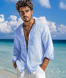 economico -Per uomo Camicia Camicia estiva Abbigliamento mare Camicia con bottoni Maglietta informale Camicia a righe Rosa Verde Grigio scuro Azzurro Manica lunga Liscio A fascia Giornaliero Da mare Splice