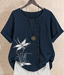 economico -Per donna Taglie Forti Camicie ispirate al lino Maglietta Animale Casual Manica Corta Girocollo Top Regolari Quotidiano Bottoni Blu Reale Primavera Tutte le stagioni
