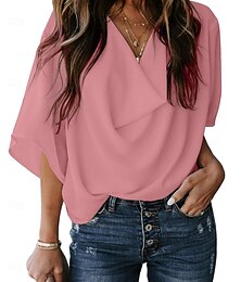 economico -Per donna Blusa Top Eleganti Tinta unica Semplice Elegante Manica 3/4 Manica a pipistrello Scollo a Cascata Top Regolari Lavoro Quotidiano Arricciato Nero Bianco Giallo Rosa Azzurro cielo Estate