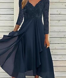 olcso -Női Csipkeruha Midi ruha Sifon Csipke Kollázs Randi Vakáció Utcai sikk Alkalmi V-alakú Háromnegyedes Medence Lóhere Szín