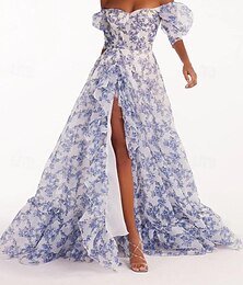 billiga -dam strandklänning blommigt tryck asymmetrisk off shoulder lanterna ärm lång klänning maxiklänning söt snygg bröllop alla hjärtans dag kortärmad sommar vår