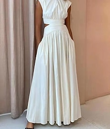 cheap -Women's White Dress Maxi Dress Cotton Ruched Backless Date Vacation Streetwear Maxi Stand Collar Sleeveless White Pink Color