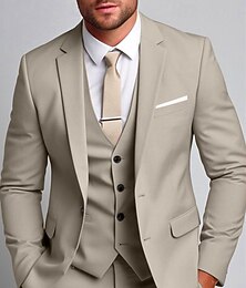 お買い得  -男性用 結婚式 スーツ ノッチドラペル ライトカーキ 日常 ビジネス ソリッド プラスサイズ 3点セット シングルブレスト 二つボタン