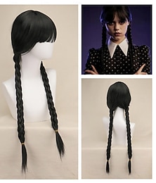 economico -Parrucche Mercoledì Addams Parrucca Lunga Nera Intrecciata Capelli Naturali Morbidi con Cappuccio per Parrucca Treccine Parrucche Sintetiche per Festa Cosplay Parrucche di Halloween