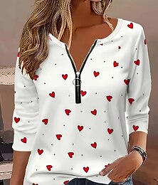 economico -maglietta da donna a forma di cuore per San Valentino maglietta rossa carina moda top regolari manica lunga scollo a V stampa cerniera a un quarto vestibilità regolare San Valentino weekend nero rosa