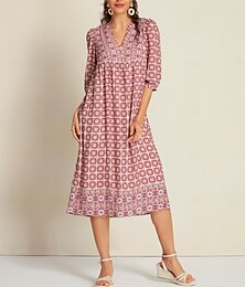 abordables -Femmes Robe Ethnique Robe en Chiffon Robe fourreau Robe Midi Rose Claire Vert Demi Manches Floral Tribal marocain Impression Printemps & Été Col en V Col montant Bohème Vacances Quotidien S M L