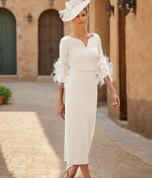 abordables -Robe fourreau mère de la mariée invitée de mariage élégante col en V longueur cheville tissu extensible demi-manche avec plumes robe Derby robe de jour de course 2025 taille personnalisée gratuite
